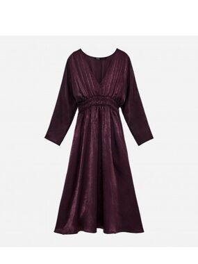 Zara Eggplant Purple Satin Effect Batwing Sleeve Midi Dress